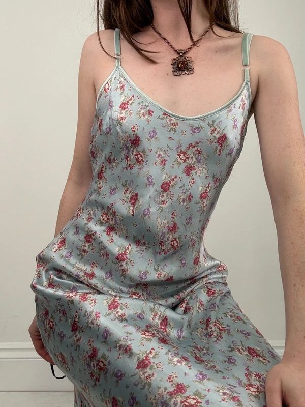 vintage bias cut baby blue floral dress