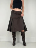 brown asymmetric waistband flared midi skirt