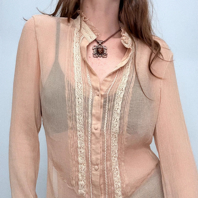 sheer crinkle silk lace blouse