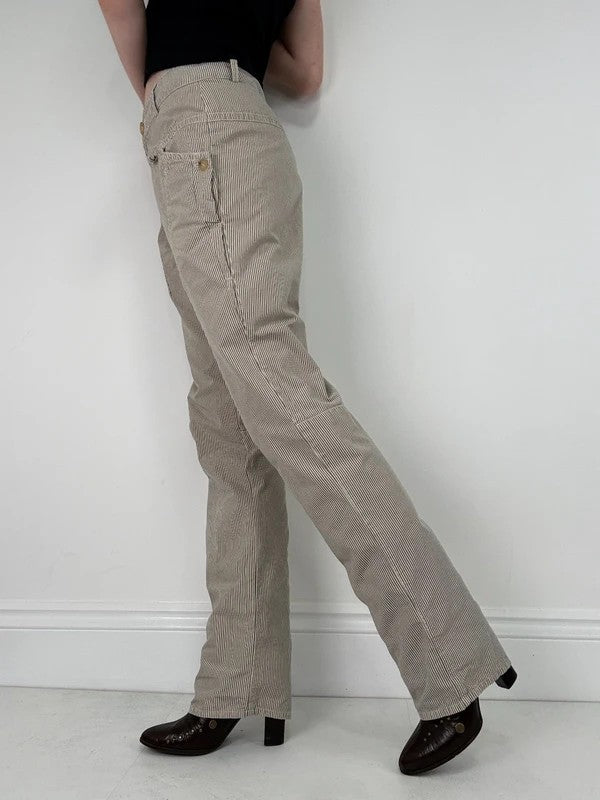 beige pinstripe cargo slim fit cotton trousers