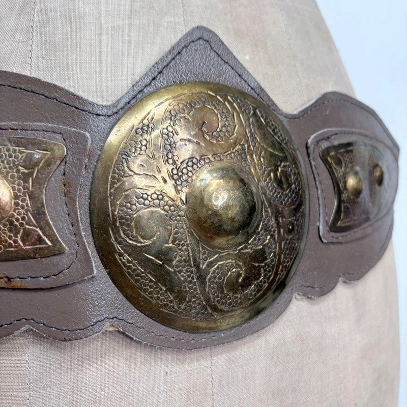 brown western leather studded metal belt