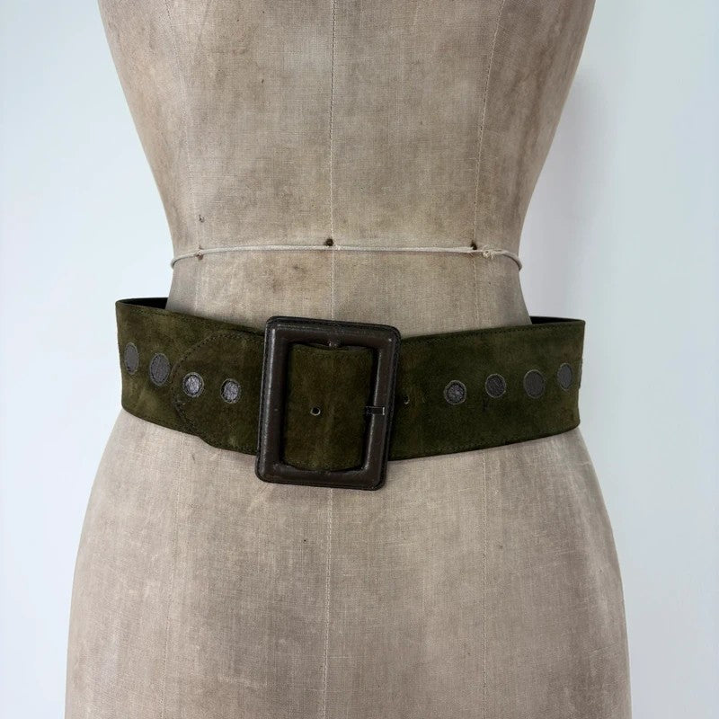 Khaki suede thick leather belt