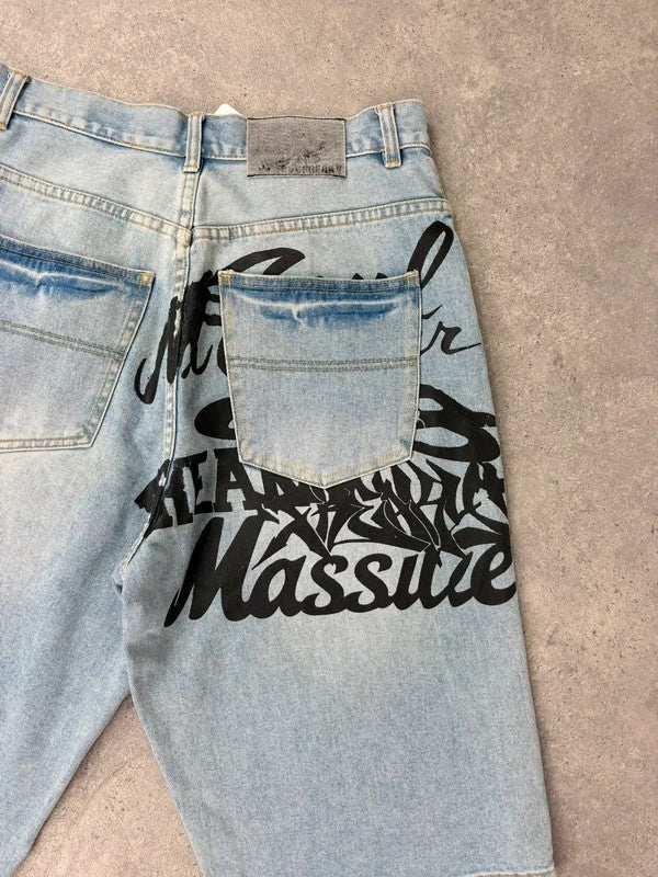 oversized wide leg denim jorts with graphic print