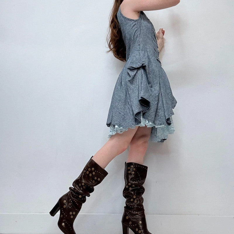 blue puff flared mini dress