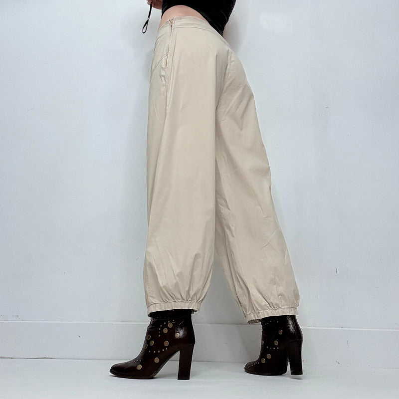 puff pleated barrel leg low rise trousers