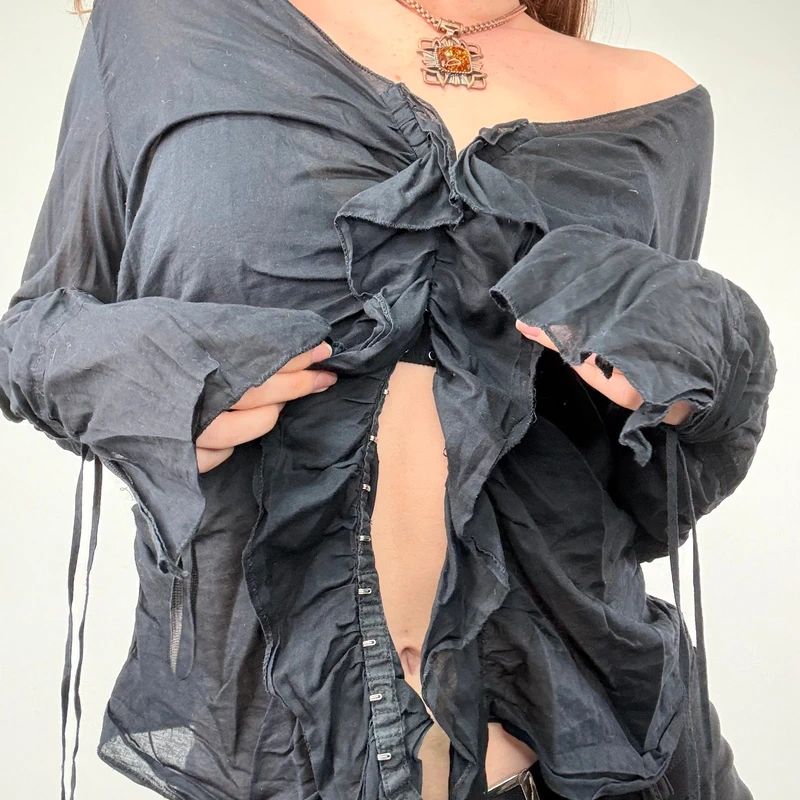 black ruffle hook and eye grunge flutter shirt
