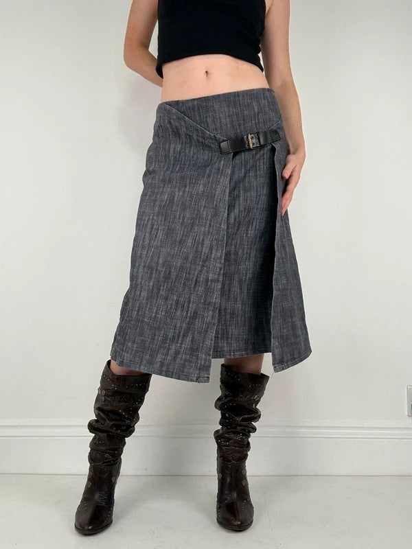 Pleated buckle front denim grunge midi skirt
