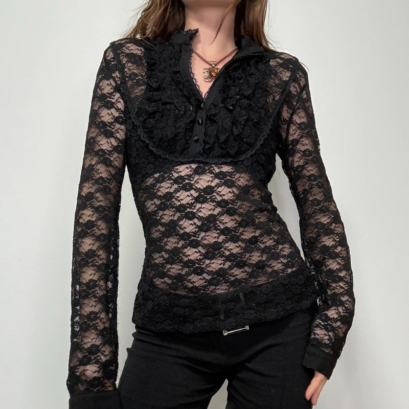 black lace fitted ruffle shirt