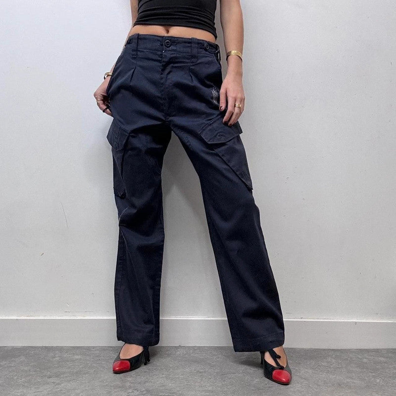 stitch patchwork quilted navy trousers