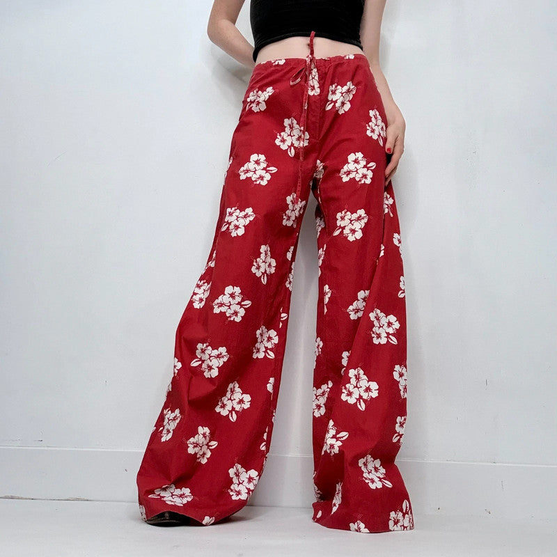 red cotton wide leg printed trousers
