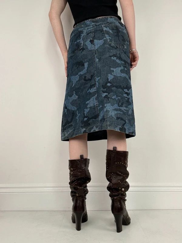 dark denim camo printed midi skirt
