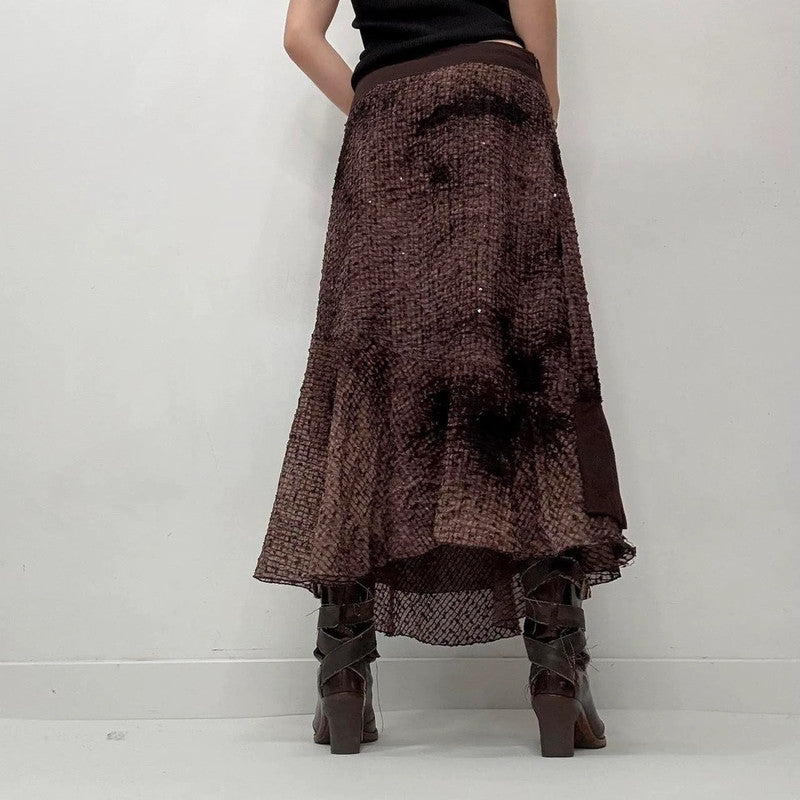 brown distressed textured layered maxi skirt