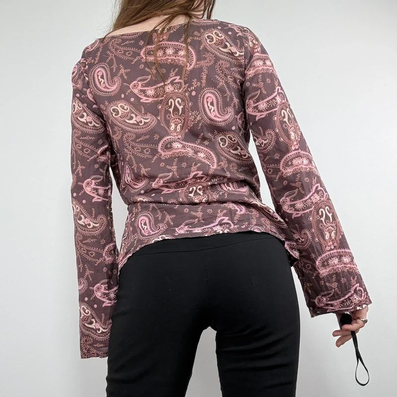 brown and pink paisley flared cotton boho shirt