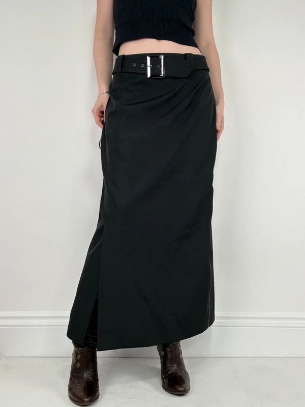 black a-line maxi belted skirt