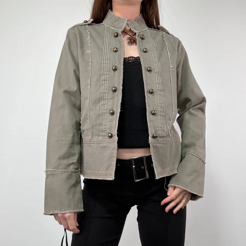 khaki military cotton utility jacket with hook and eyes