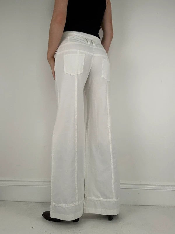 white flared wide leg button front cotton trousers