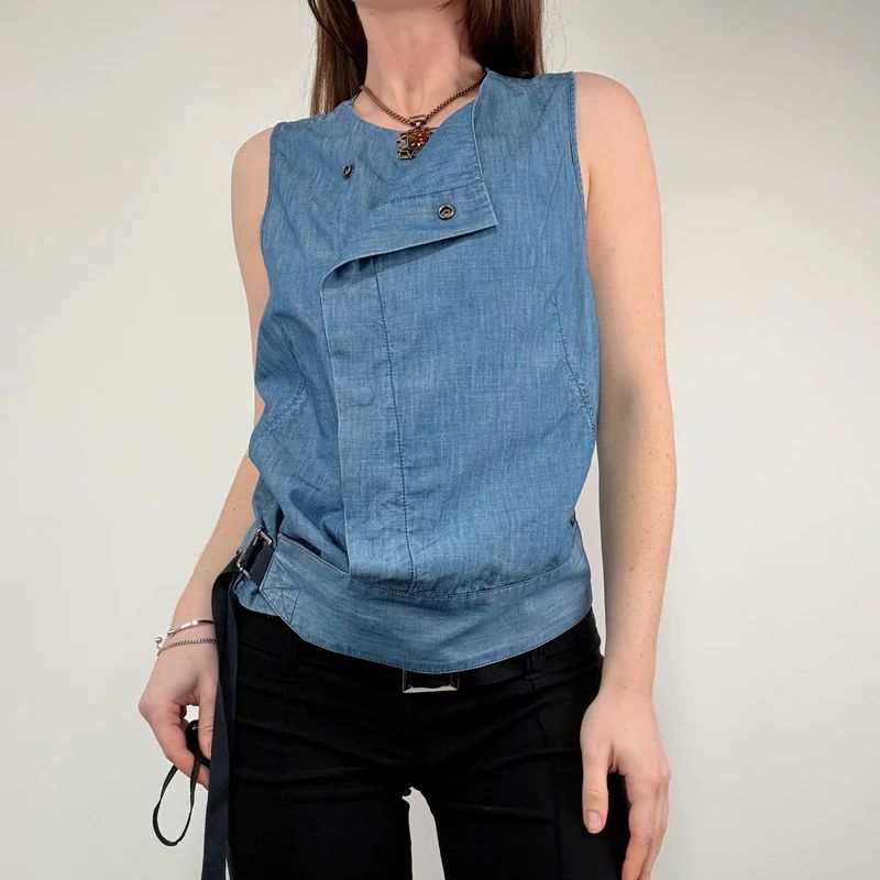 distressed denim asymmetric belted vest