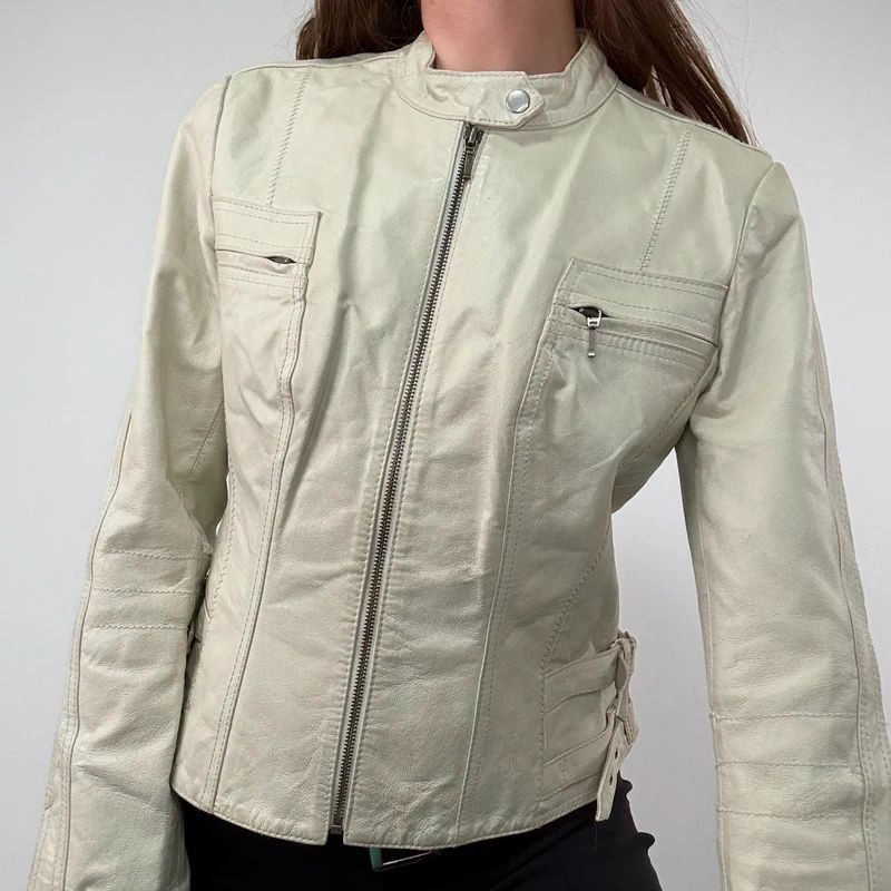 Cream Cropped Leather Biker Jacket