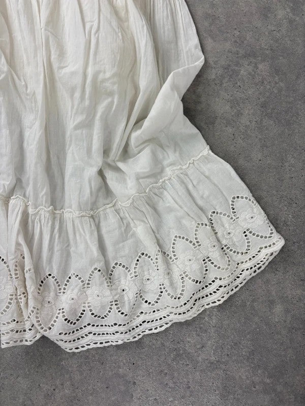 white cotton lace pleated tiered maxi dress