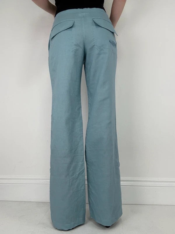aqua blue wide leg linen trousers
