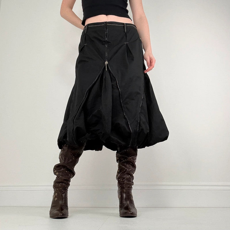 Black structured puff zip midi skirt