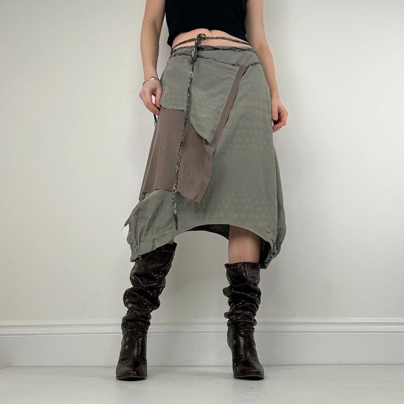 asymmetric gathered puff pleated khaki midi skirt