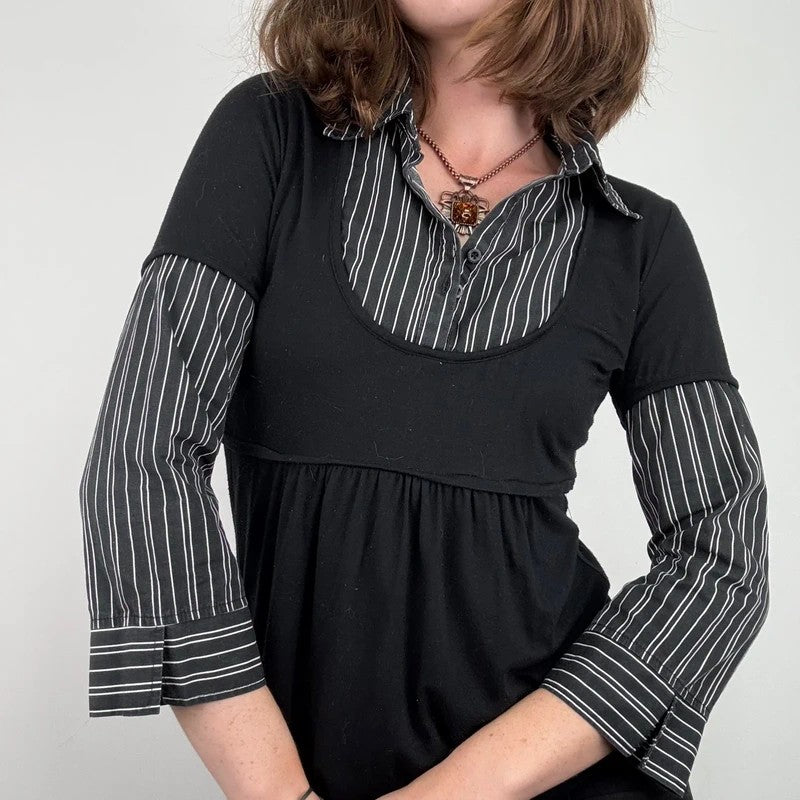 black pinstripe layered flared shirt