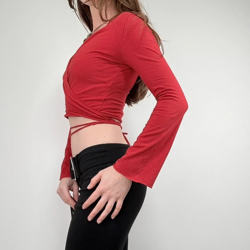 red jersey cropped ballerina wrap cardigan