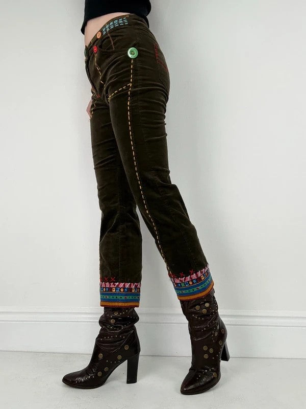 khaki corduroy embroidered hippy capri trousers