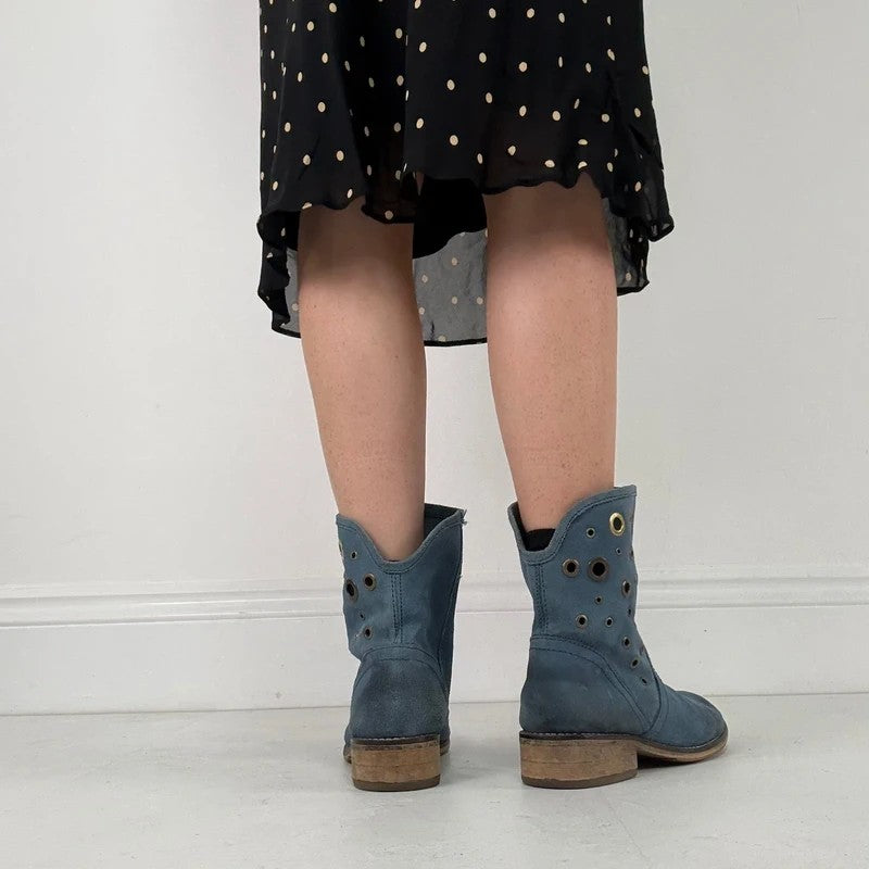 Blue suede studded eyelet ankle boots