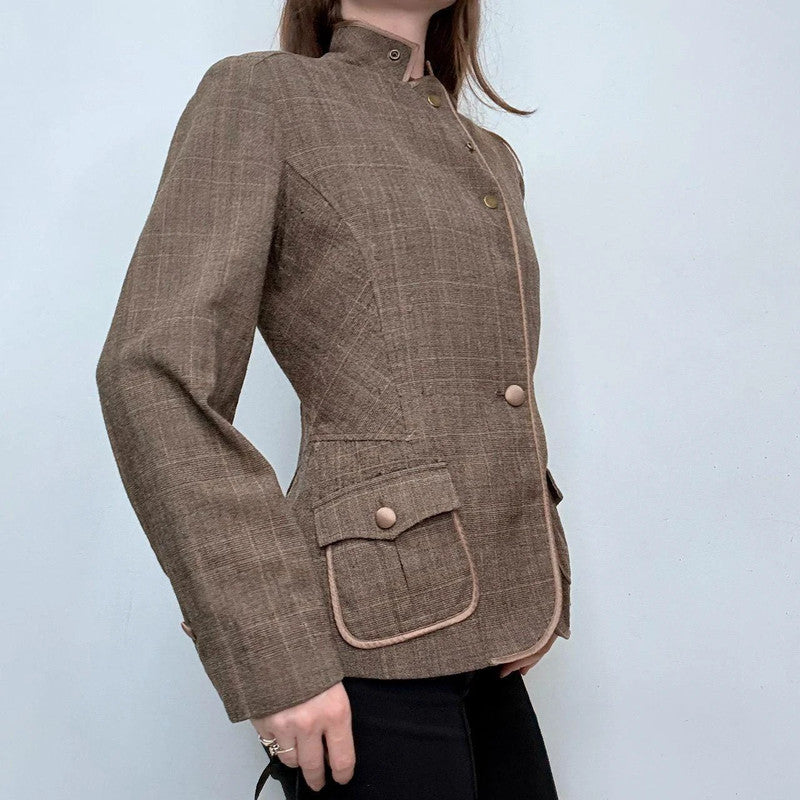 brown tweed high neck popper jacket