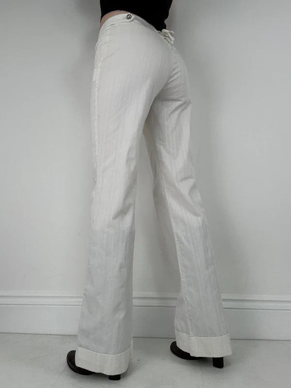 Lot rise white cotton pinstripe flared trousers