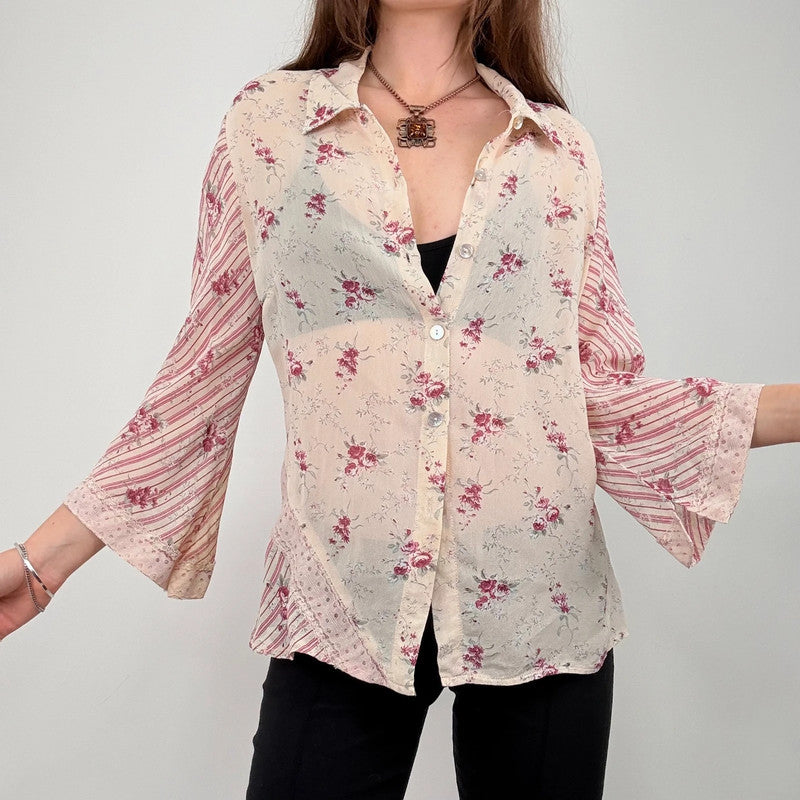 sheer floral flutter pinstripe shirt
