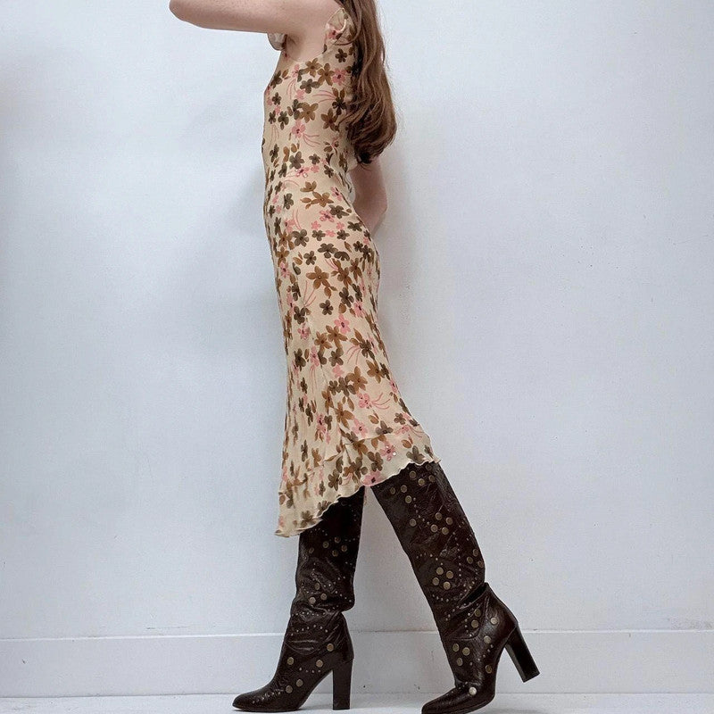 brown floral silk bias cut midi dress