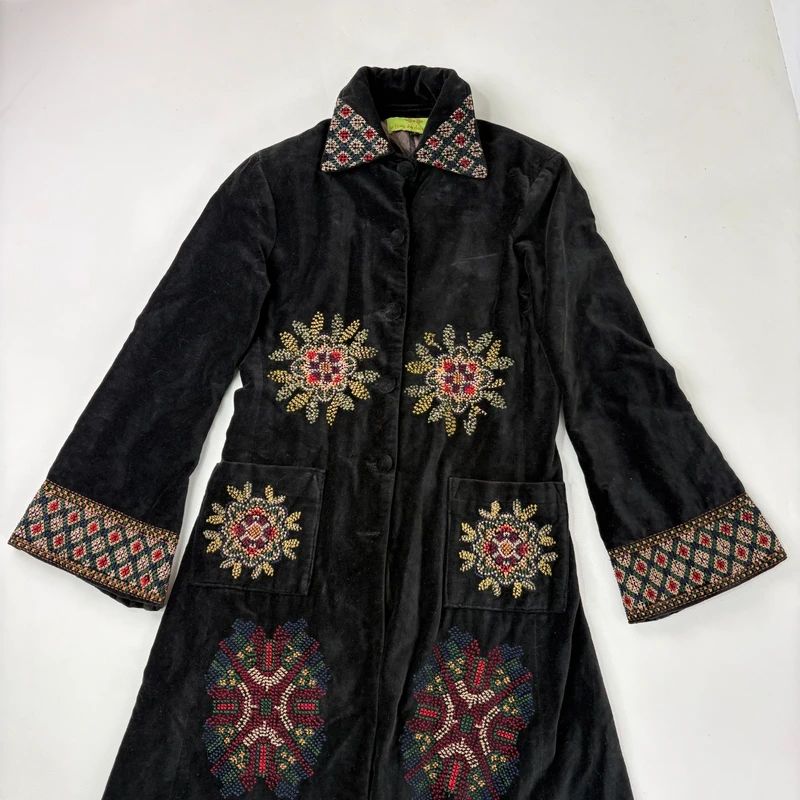 embroidered black velvet longline jacket