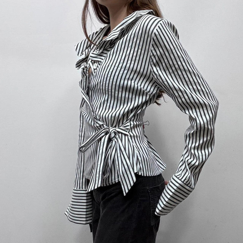 white pinstripe wrap ruffle shirt