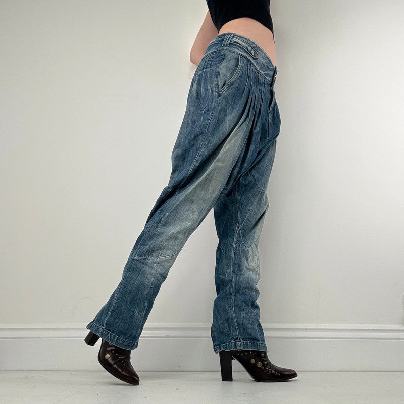 pleated low rise barrel archival puff jeans