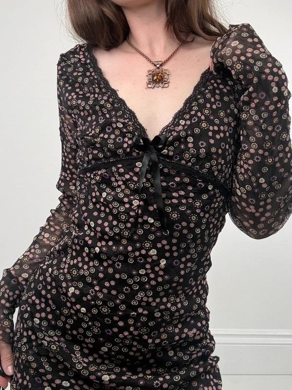black polkadot long sleeve mesh slouchy dress