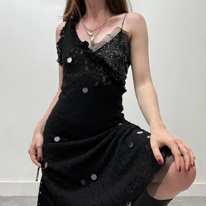 black lace beaded bias cut dress