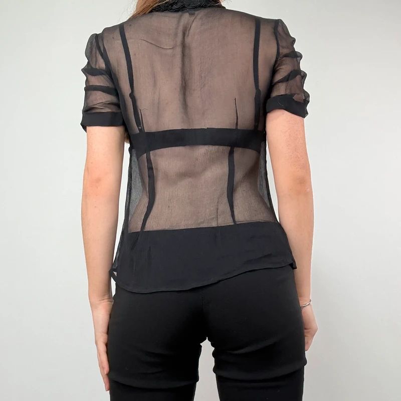 black sheer silk ruffle shirt with short sleeves