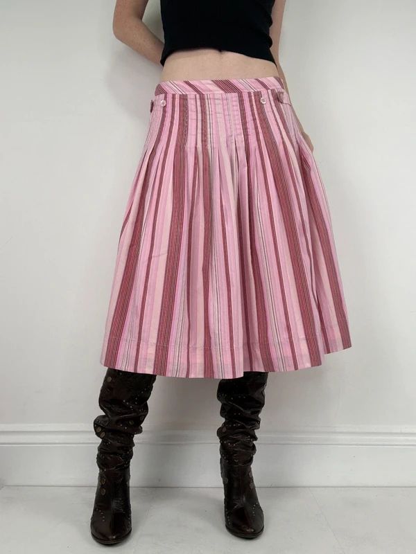 pink cotton pleated pinstripe flared midi skirt