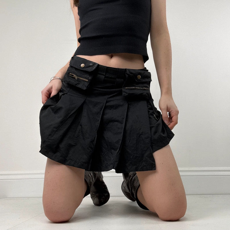 black pleated flared utility mini skirt