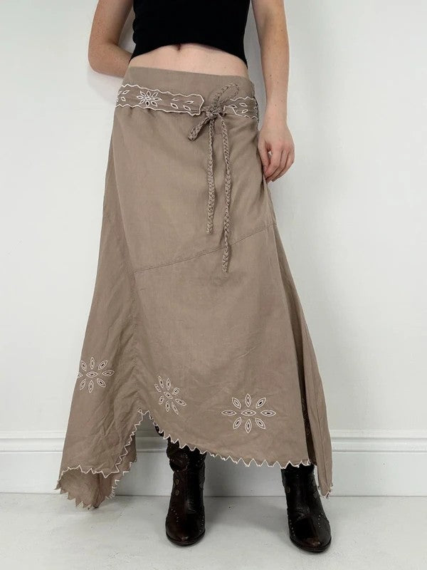 Beige linen boho western asymmetrical flared maxi skirt