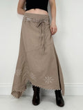 Beige linen boho western asymmetrical flared maxi skirt