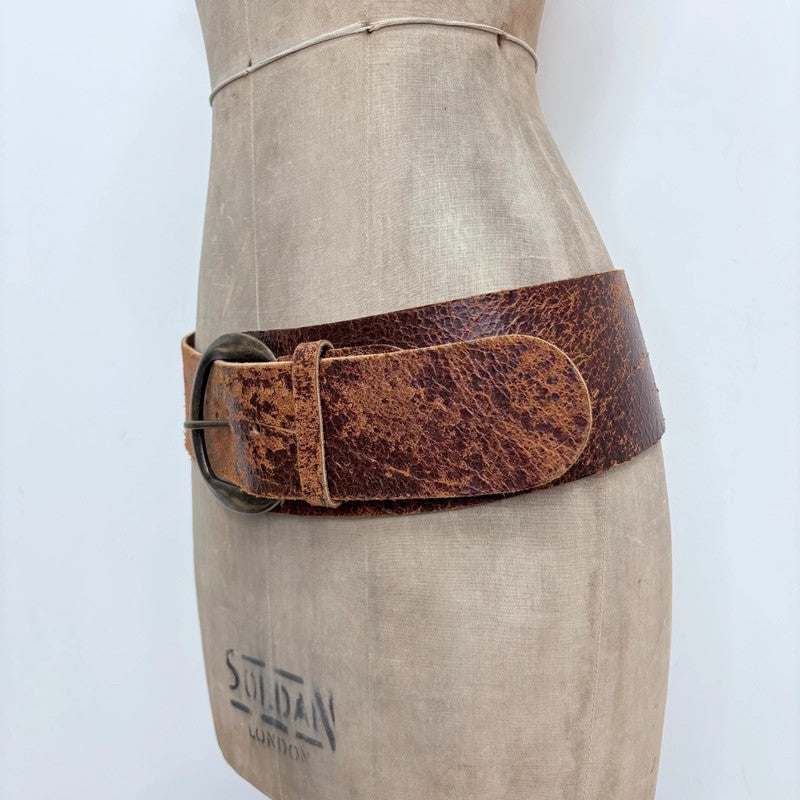 Distressed brown leather oversized thick belt