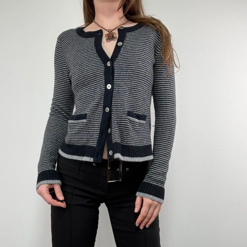 navy pinstripe button up cardigan crewneck