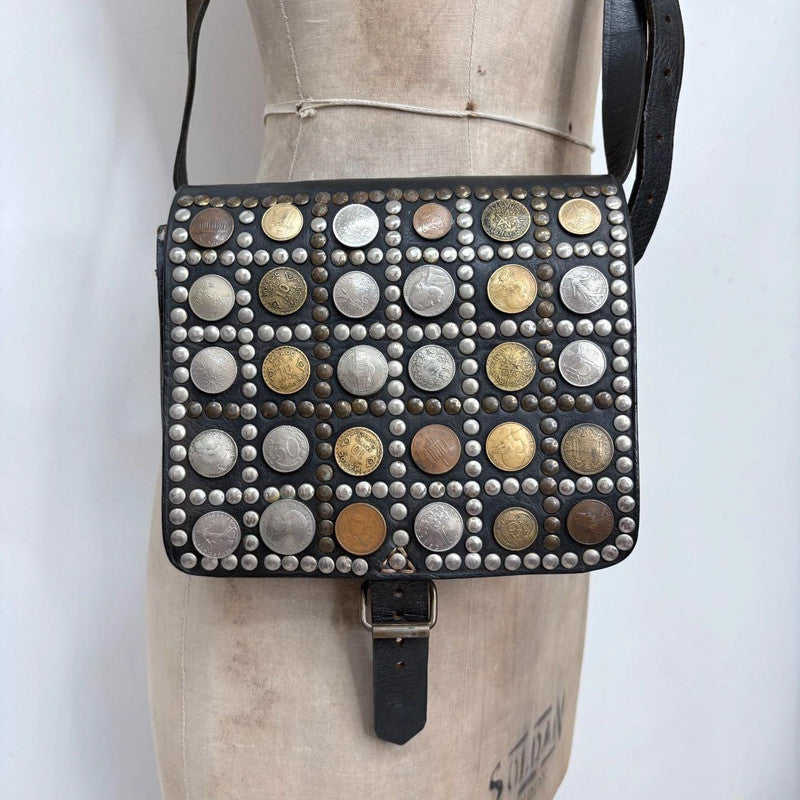 black leather studded coin bag