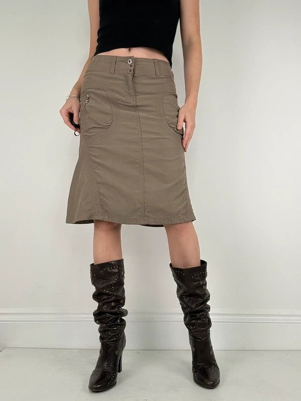 Khaki cotton cargo canvas a-line midi skirt