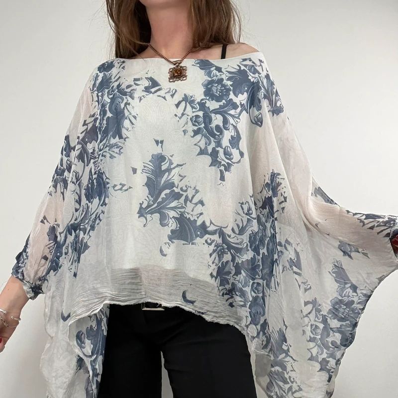 white and blue silk draped regency printed batwing blouse