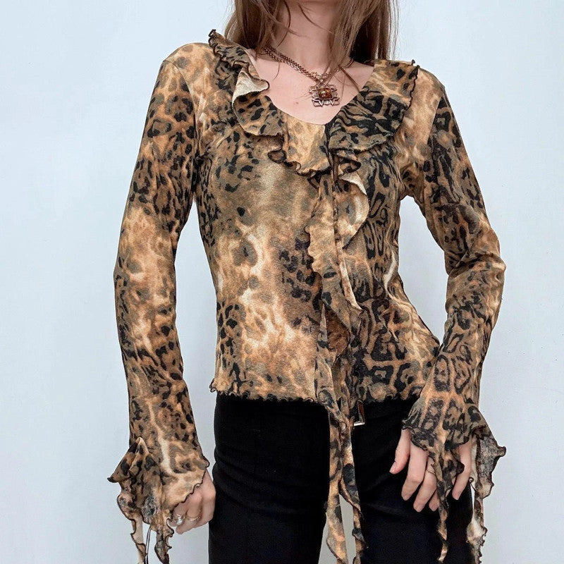 flutter ruffle flared leopard blouse